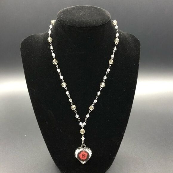 Pressed Flower Y Necklace with Rhinestones - Picture 1 of 7